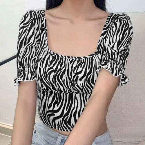 Summer Fashion Ruffle Striped T Shirt Women Puff Short Sleeve Square Collar Clothing Lady Casual Street Top 2021 New