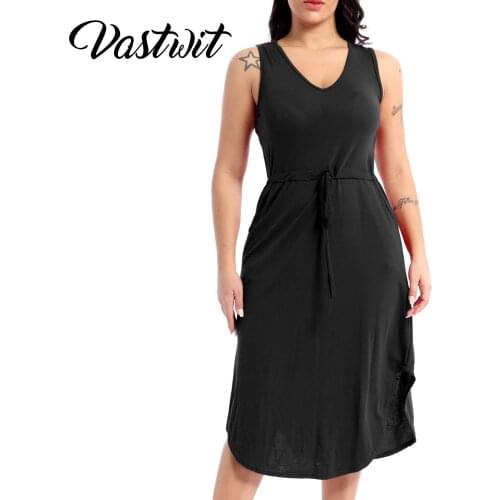 Womens Casual V-Neck Sleeveless Side Split Drawstring Waist Midi Length Vest Dress with Pocket