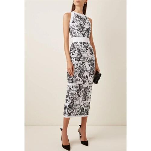 Rayon Bandage Dress Jacquard Sleeveless Mid Calf Bodycon Women Dress Evening Party Dress