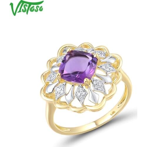 VISTOSO Genuine 14K 585 Yellow Gold Ring For Women Sparkling Amethyst Diamond Flower Ring Luxury Glamorous Gift Fine Jewelry