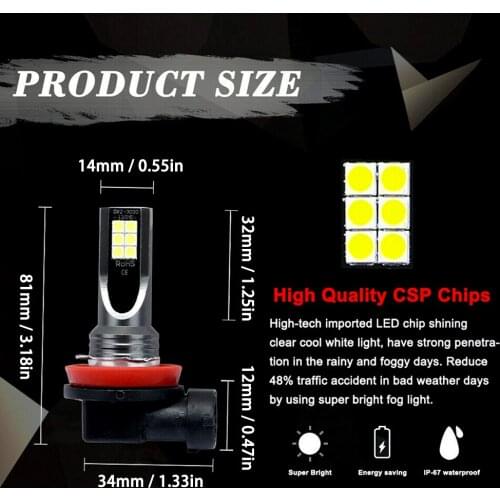 2pcs H11 H8 H9 LED Car Light LED Bulb H1 H3 H4 H7 9005 9006 Daytime Driving Light Fog Light 6000K 12V Driving Light Accessories