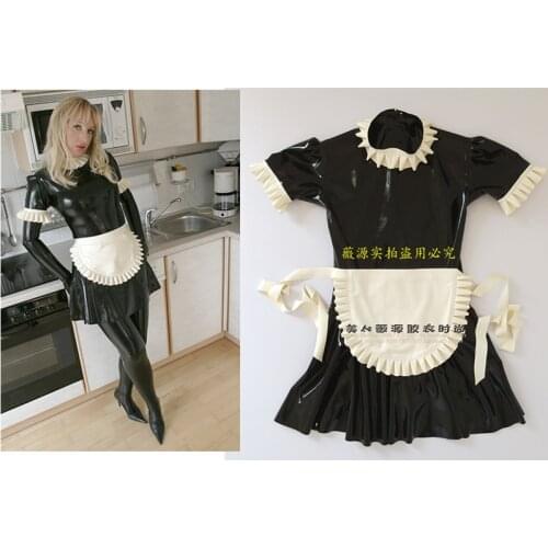 4pcs Sexy Black Womens Latex Maid Dress with White Latex Apron Latex Gloves Latex Stocking