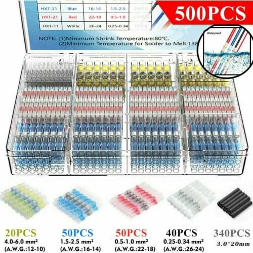 500 Pcs Heat Shrink Butt Crimp Terminals Waterproof Solder Seal Electrical Connectors Wire Cable Splice Kit Automotive Marine