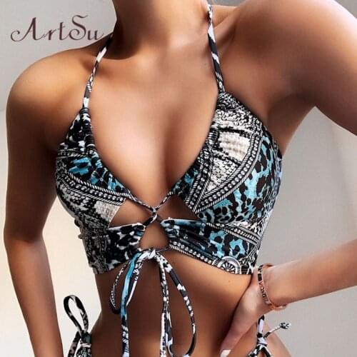 Artsu Halter Tops Bikini Push Up Swimwear Women Leopard Female Bandage Sexy Swimwear Backless Bathing Suit Clothes AG41005