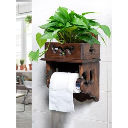 Solid wood retro toilet paper roll holder Cell phone shelf paper roll box kitchen bathroom towel rack toilet tissue box