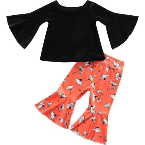 2Pcs Kids Autumn Outfits, Solid Color O-Neck Flared-Sleeves Tops+ Printed Bell-Bottoms for Girls, 6 Months to 5 Years