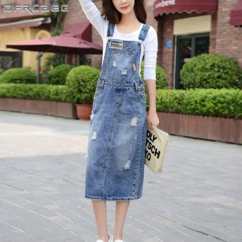 Womens Retro Suspender Jean Skirt With Pocket 2019 Summer High Waist Ripped Strap Overalls Hole Denim Jumpsuit Skirt Female