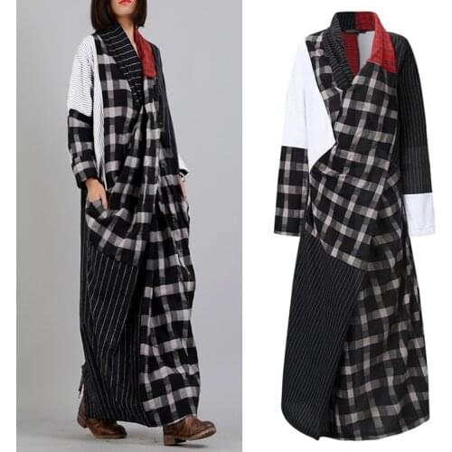 ZANZEA 2021 Elegant Womens Plaid Sundress Stiching Maxi Dress Long Sleeve Vestidos Female V-Neck Stripe Casual Robe Plus Size