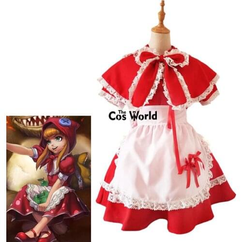 LOL Annie Little Red Hood Maid Apron Dress Uniform Outfit Halloween Hallowmas Festival Cosplay Costumes