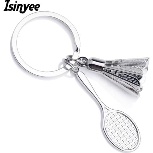 ISINYEE Fashion Badminton Ball Metal Keychain For Men Women Cars Bags Silver Mini Tennis Racket Key Chains Rings Sport Jewelry