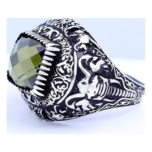 Handmade Mens Silver Large Green or Red Zircon Ring, Art Design Ring Elephant Man 925 Silver Zircon Ring