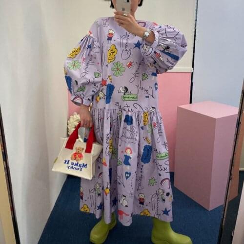 2021 new playful age-reducing childlike graffiti round neck loose lantern sleeve dress women