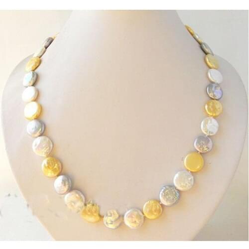 New Arriver Real Pearl Jewellery,21 inches 13-14mm Champagne White Gray Freshwater Pearl Necklace,Coin Pearls Jewelry