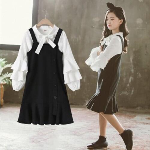 Teenage Girls Clothing Spring Autumn Lace White Blouse and Suspender Skirt Sets Children Elegant Girls Clothes Suit Kids Outfits