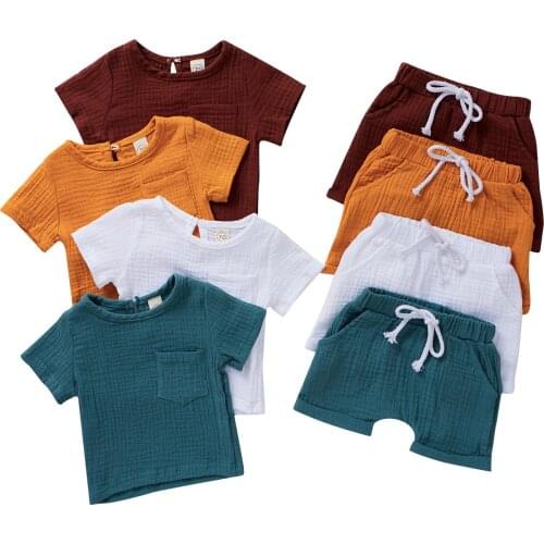 Babys Solid Color Cotton Linen 2Pcs Suit, Short Sleeve Round Neck T-shirt with Elasctic Shorts for Daily/Home Wear