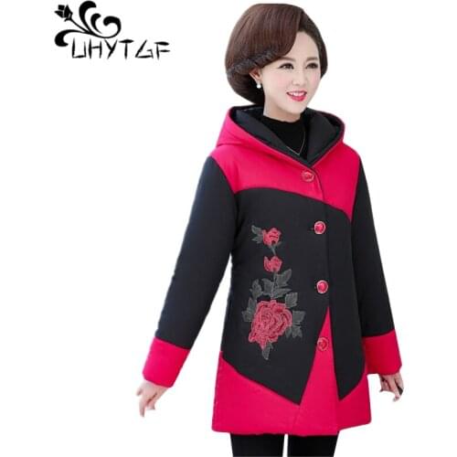 UHYTGF Hooded Autumn Winter Cotton Coat Women Fashion Embroidered Thick Warm Jacket Mid-Length Loose Plus Size Parker Female1332