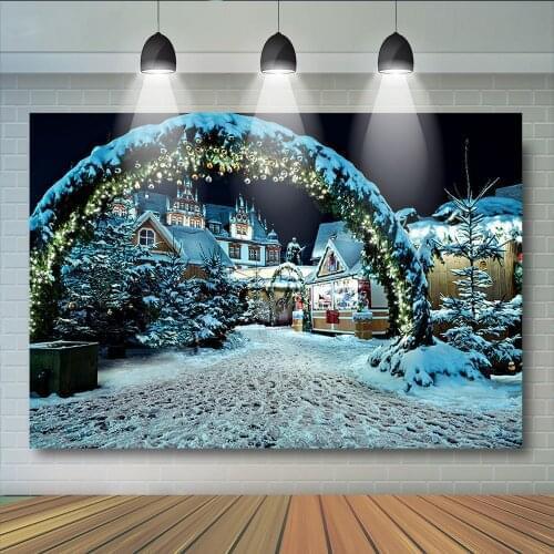 Christmas Snowfield House Photography Trees Snow scene Background for Photo Studio Snow Gift Decoration Photocall