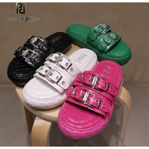 2021 Summer New Genuine Leather Stone Pattern Belt Buckle Thick-soled Comfortable Open-toed Beach Sandals and Slippers Women