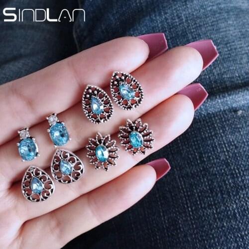 Sindlan 4 Pairs Big Water Drop Blue Crystal Stud Earrings for Women Set Vintage Palace Luxury Lady Ear Jewelry Gift Accessories