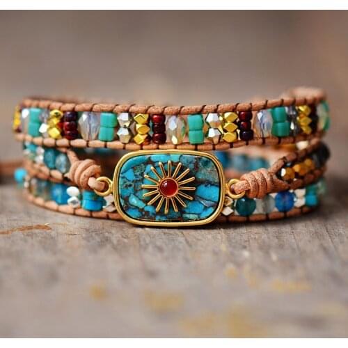 Outstanding 3 Strand Geometric Sunburst Leather Wrap Bracelet Spiritual Turquoises Bohemian Cuff Bracelet Teengirls Jewelry