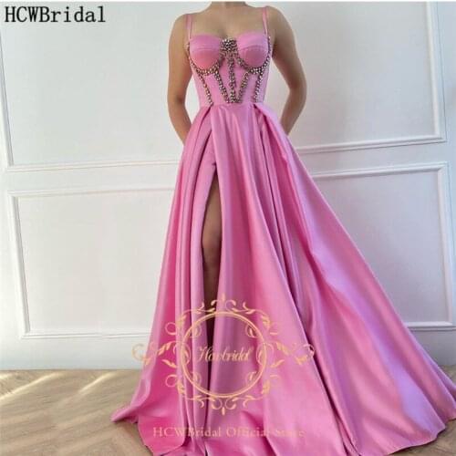 Hot Pink Sexy Saudi Arabic Evening Dress With High Slit Sweetheart Crystal Spaghetti Strap Plus Size Formal Dress Long Prom Gown