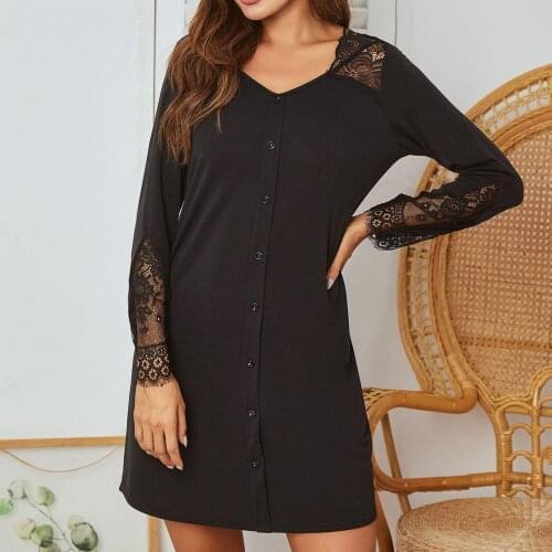 2021 Large Size Women Long Sleeve Lace Patchwork Polyester Lounge Buttons Mini Nightdress Nightgown Sleepwear