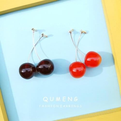 QUMENG 2020 korean Fashion Red Cherry Gold Drop Dangle Earring Sweet Fruit Long Crystal Tassel Earrings for Women Lady Jewelry