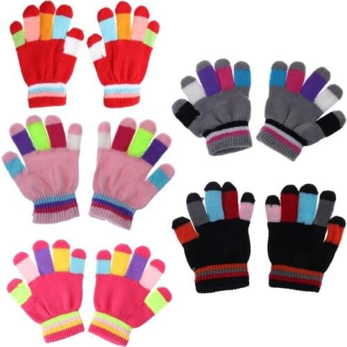 1 Pair Kids Gloves Full Finger Warm Winter Children Colorful Stripe Knitted Boys Girls Solid Glove Multi Color Elastic