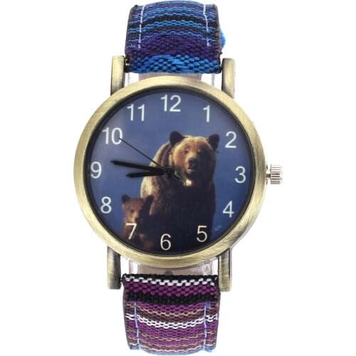 Big Brown Bears Grizzly Mama Bear Arctos Animal Fashion Men Women Accessories Stripes Denim Canvas Band Sport Quartz Watch