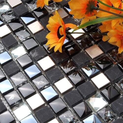 Black crystal glass mixed marble stone mosaic square EHM1046 for kitchen backsplash tile bathroom shower mosaic tiles wall cover