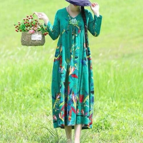 Long Vintage Dress Women Plus size Floral Dress Long sleeve V neck Embroidery Tunic Cotton Ladies Clothes Casual