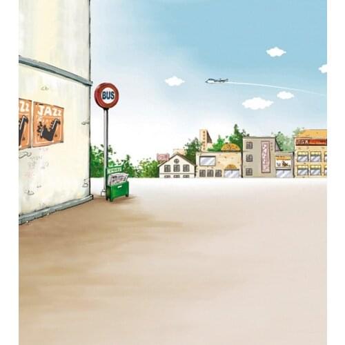 Cartoon Street View Bus Stop Photography Backdrops Photo Props Studio Background 5x7ft