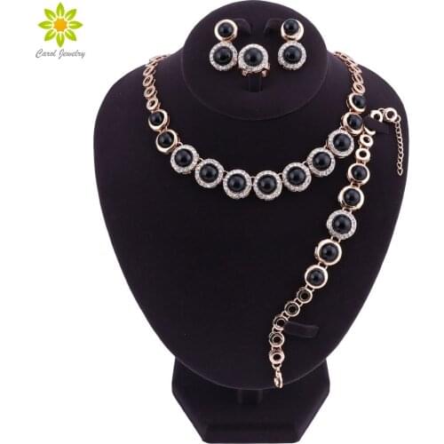 Hot African Female Costume Gold color Jewelry Set for Women Black Necklace Earrings Bracelet Ring Set Wedding