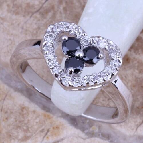 Astonishing White CZ Black Cubic Zirconia Silver Plated Stamped Heart Ring Size 6 / 7 / 8 / 9 R0175