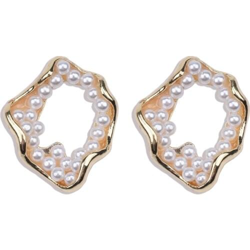 Korean Fashion Irregular Hollow Faux Pearl Earrings Women Elegant Geometric Small Earrings Jewelry