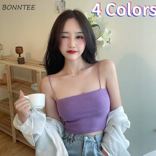 Crop Camisole Women Solid Slim Simple Sexy Streetwear Party Summer Elasticity Basic Tops Trendy Korean Style Chic Female Camis