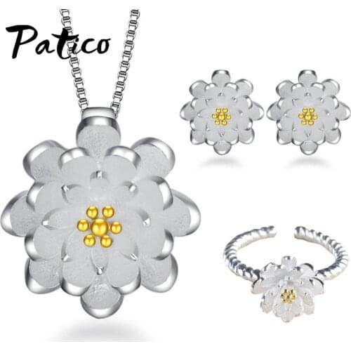Lotus Flower Anillos Mujer 925 Sterling Silver Jewelry Sets Rings Earrings Necklaces Women Korean Trend Engagement Bijoux
