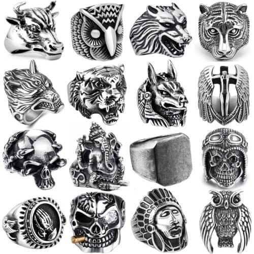 Gothic Punk Retro Ring Tiger Skull Male Men Ring Defense Totem Wolf Fashion Hip Hop Rock Man Boy Finger Ring Gift
