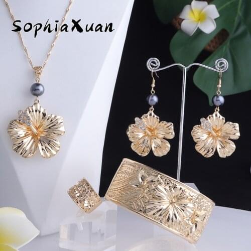 New Style Hawaiian Fashion Jewelry Sets Marshall Big Plumeria Flower Gold Plated Ring Bracelets Earrings Necklace Sets for Women