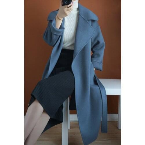 2021 new medium length coat womens Korean loose lace up 100% pure wool windbreaker coat