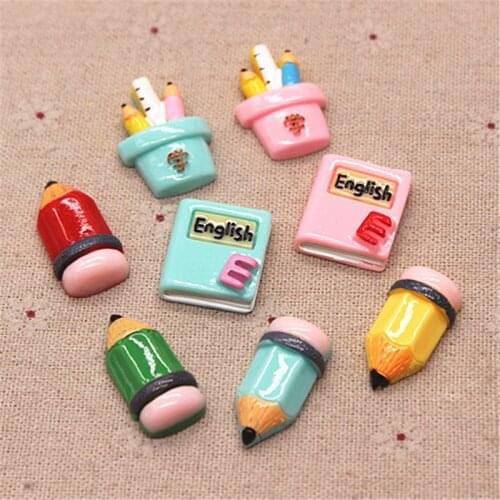 10pcs New Cute Student Back-to-School Season Resin Book/Pencil/Pen Holder Miniature Art Supply Decoration Charm Craft DIY
