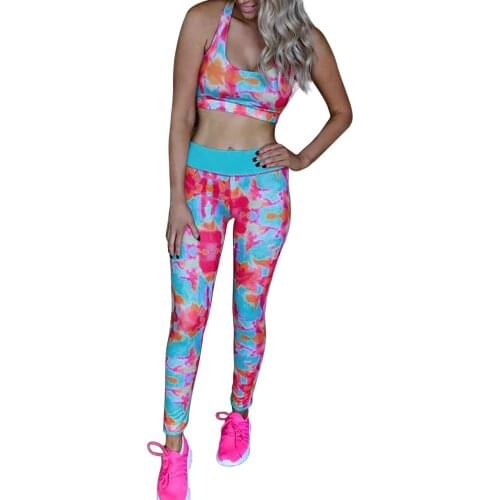 Rose Turquoise Tie Dye Yoga Tank Jogging Set Sportswear 2 Piece Gym Yoga Clothes Bra Tank + Leggings Running Wear Skinny Sport
