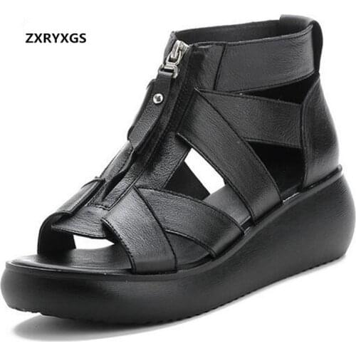 Promotion New Breathable Summer Shoes Woman Genuine Leather Sandals 2021 Front Zipper Retro Summer Shoes Platform Wedges Sandals