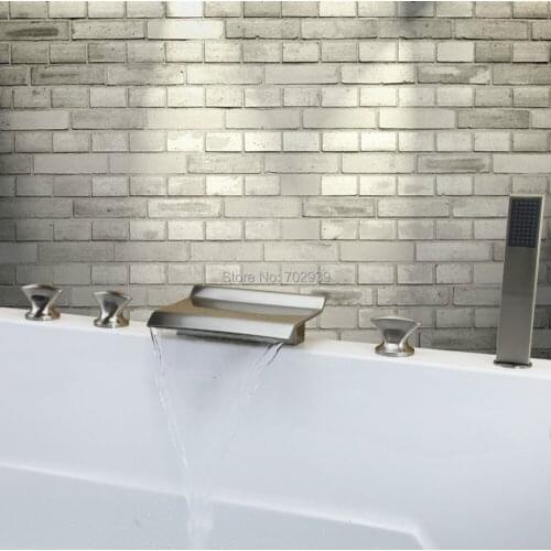 Contemporary Nickel Brushed Five Holes Three Handles Waterfall Bathtub Faucet with Hand Shower