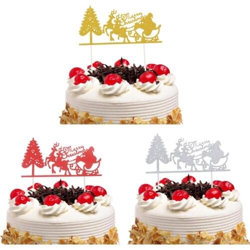 Cake Topper Flags Santa Claus Elk Merry Christmas Decoration Cupcake Toppers Glittler Paper Tree Party Cake Baking DIY navidad