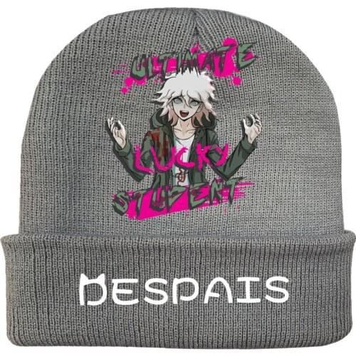 Unisex Anime Danganronpa Monokuma Naegi Makoto Gray Hip Hop Keep Warm Knitted Masked Hat Brimless Pullover Cap Headgear Helmet