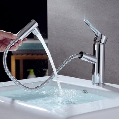 Chaowalmai Chrome Pull Out Tap Bathroom Faucet Deck Mounted Brass Basin Faucet Single Hole Mixer Tap Hot And Cold Mixer Tap