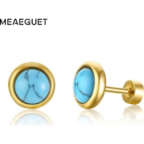 Mini Synthetic Gemstone Turquoi Stilla Stud Earrings in Golde Stainless Steel Women Earing