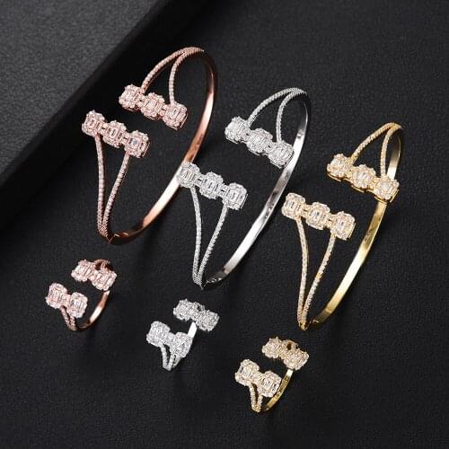 Soramoore BA+RI Full Shiny CZ Open Bangle+Ring Set for Women Bridal Wedding Superstar Jewelry Party Show Shiny Charm Ladies Gift