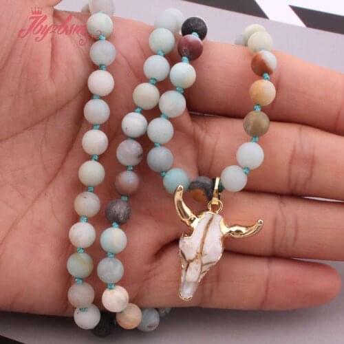 6mm Round Frost Multicolor Amazonite Natural Stone Beads Bohemian Tribal Horn Pendant Jewelry Necklace For Woman Christmas Gift